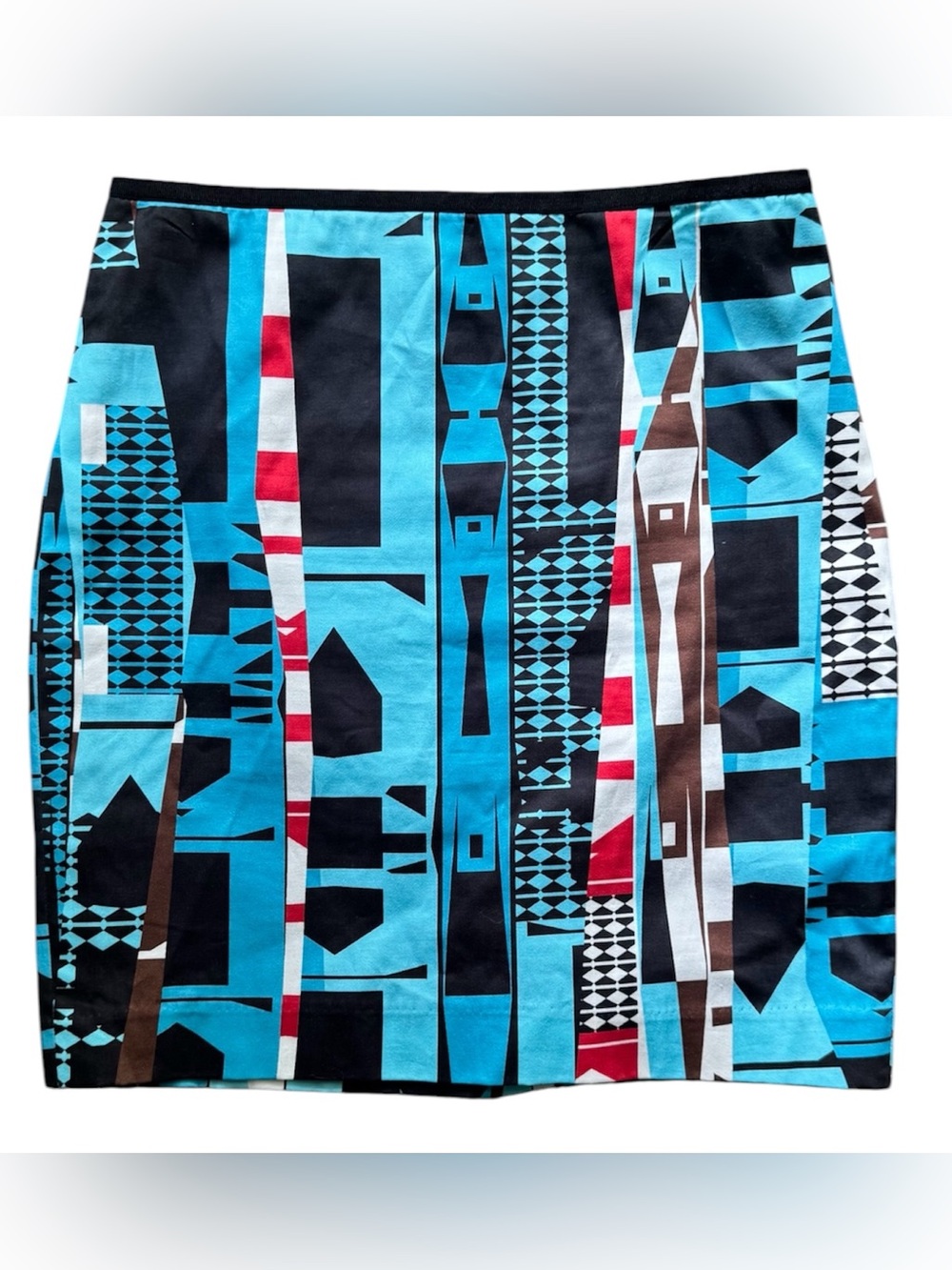 Etcetera Blue Geometric Print Mini Skirt Black, Red, Brown & White Accents 440